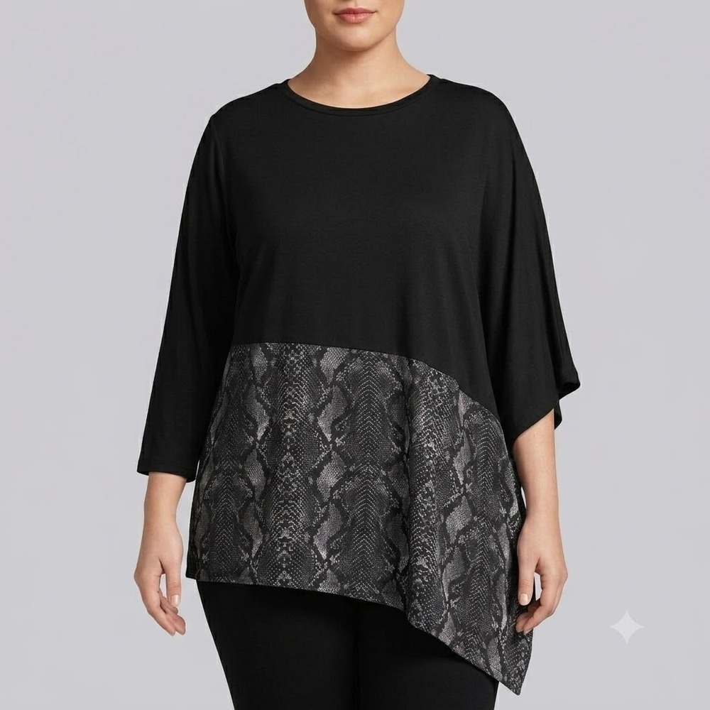 DG2 Diane Gilman Womens Medium Black Snakeskin Asymmetrical Top Knit EUC